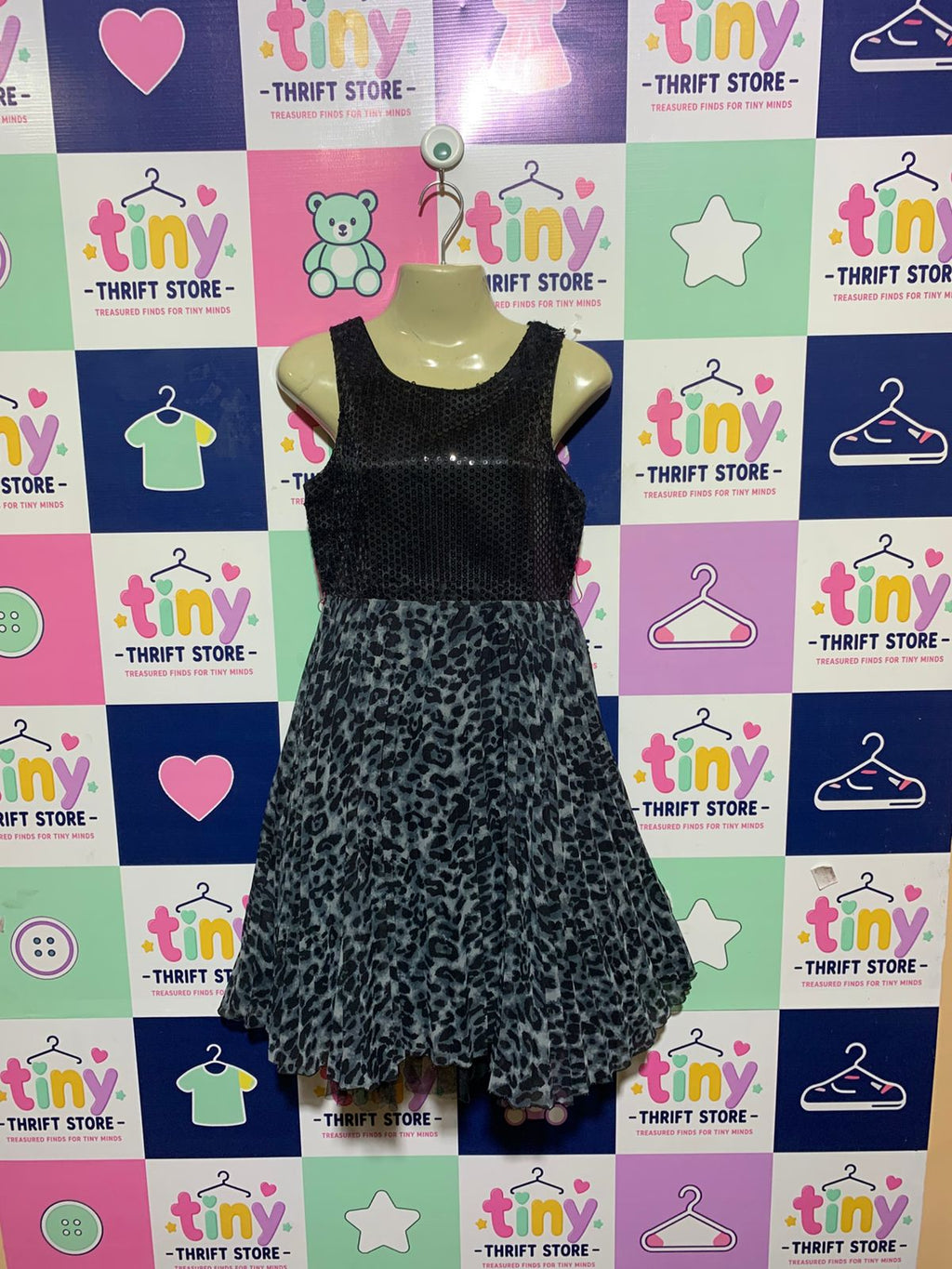 Bloome de Jeune Fille Girls Black Sequin & Grey Leopard Print Pleated Party Dress - Size 12 (Estimated Age 11-12 Years) AB1