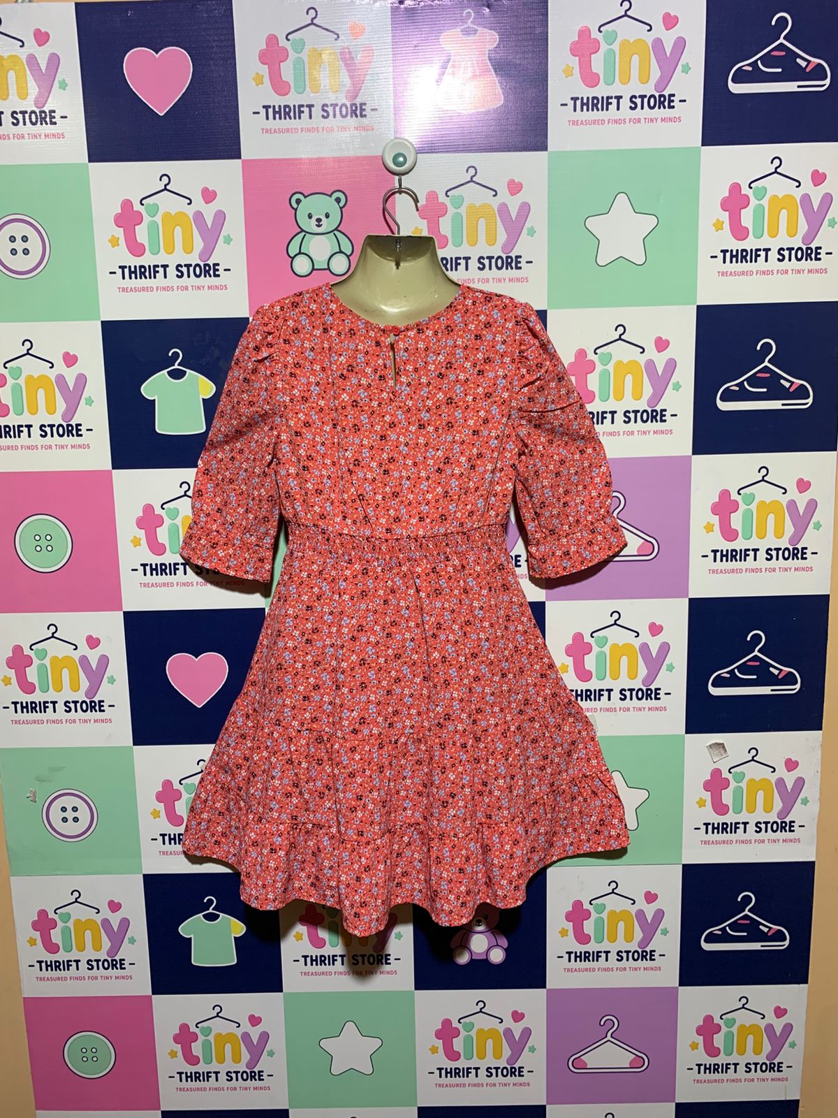 Wonder Nation Girls Coral Floral Smocked Waist Tiered Dress - Size L (10-12) Estimated Age 10-12 Years AB1