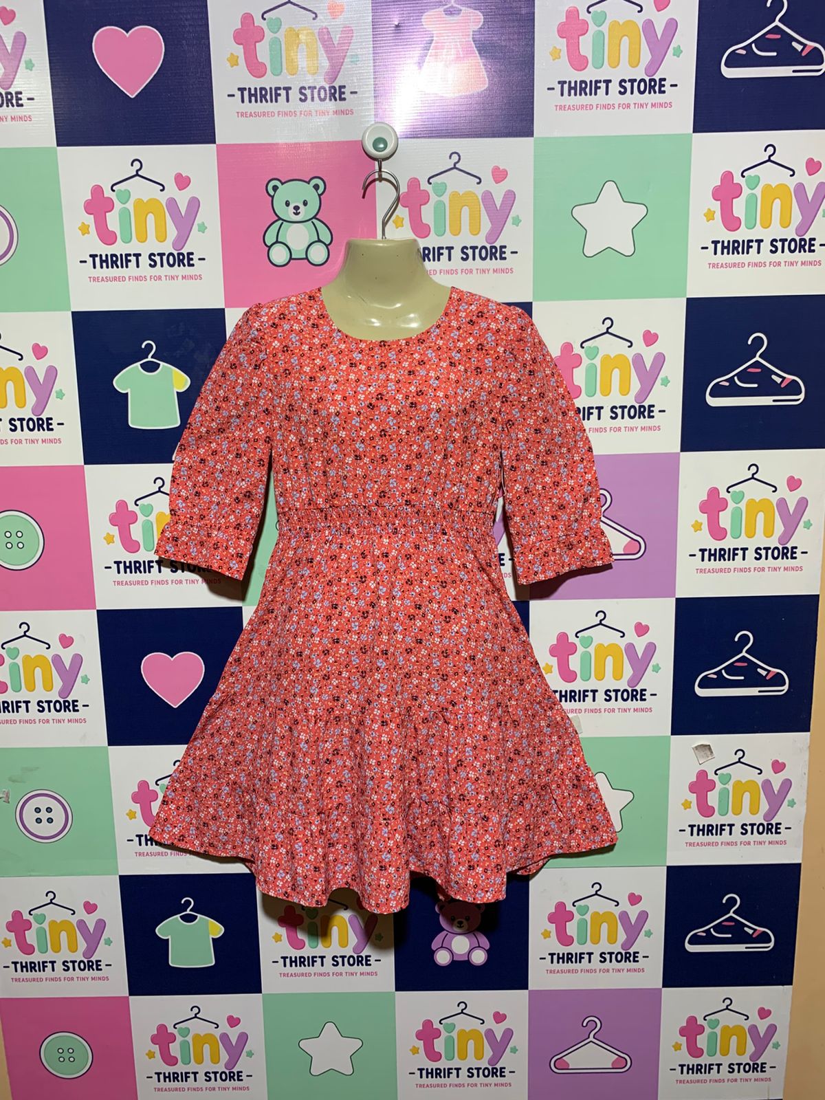 Wonder Nation Girls Coral Floral Smocked Waist Tiered Dress - Size L (10-12) Estimated Age 10-12 Years AB1