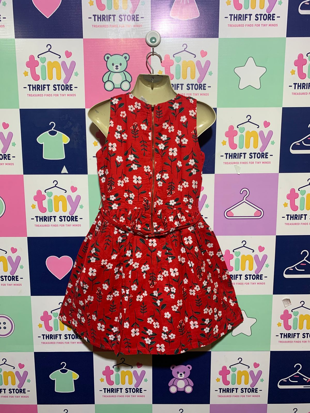 Carter's Kid Girls Red Floral Sleeveless Skater Dress with Tie-Belt - Size 12 Estimated Age 12 Years AB1