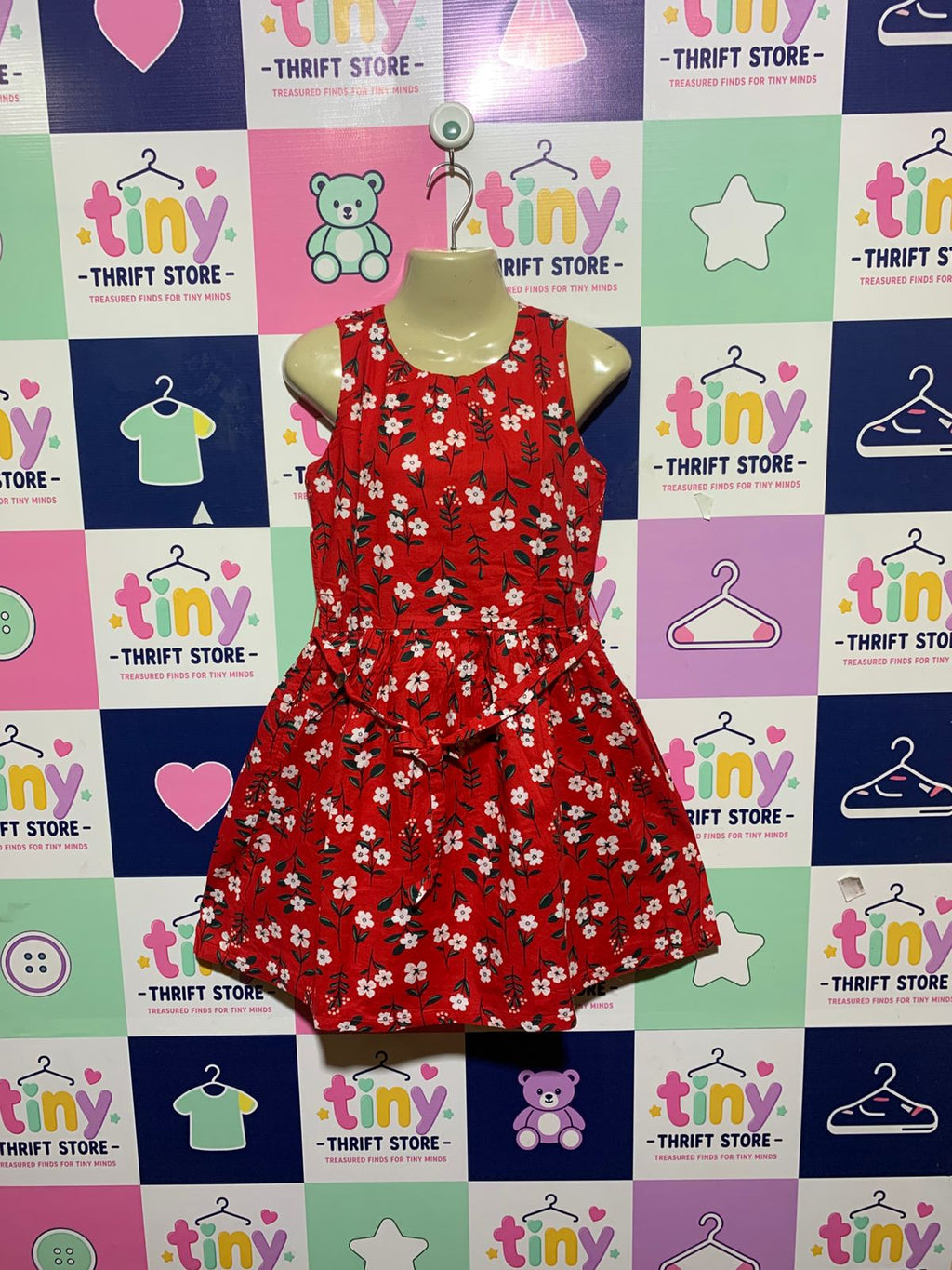 Carter's Kid Girls Red Floral Sleeveless Skater Dress with Tie-Belt - Size 12 Estimated Age 12 Years AB1