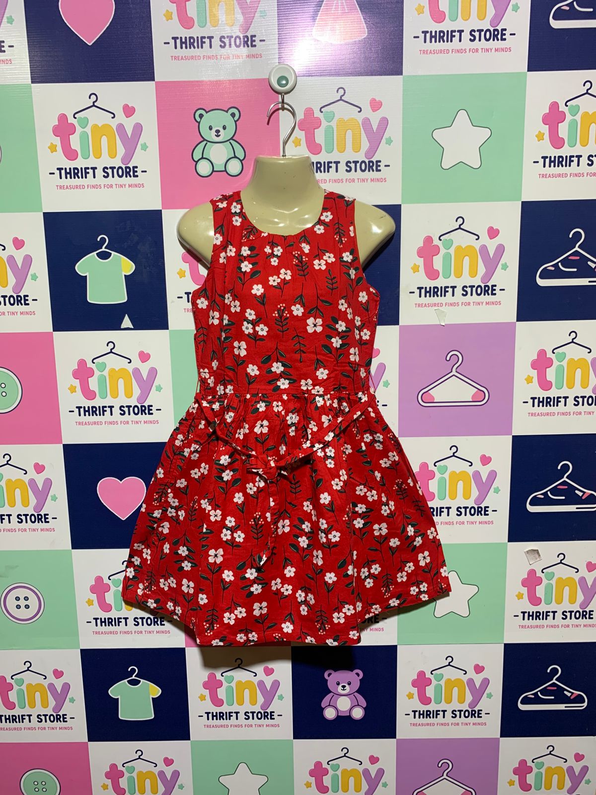 Carter's Kid Girls Red Floral Sleeveless Skater Dress with Tie-Belt - Size 12 Estimated Age 12 Years AB1