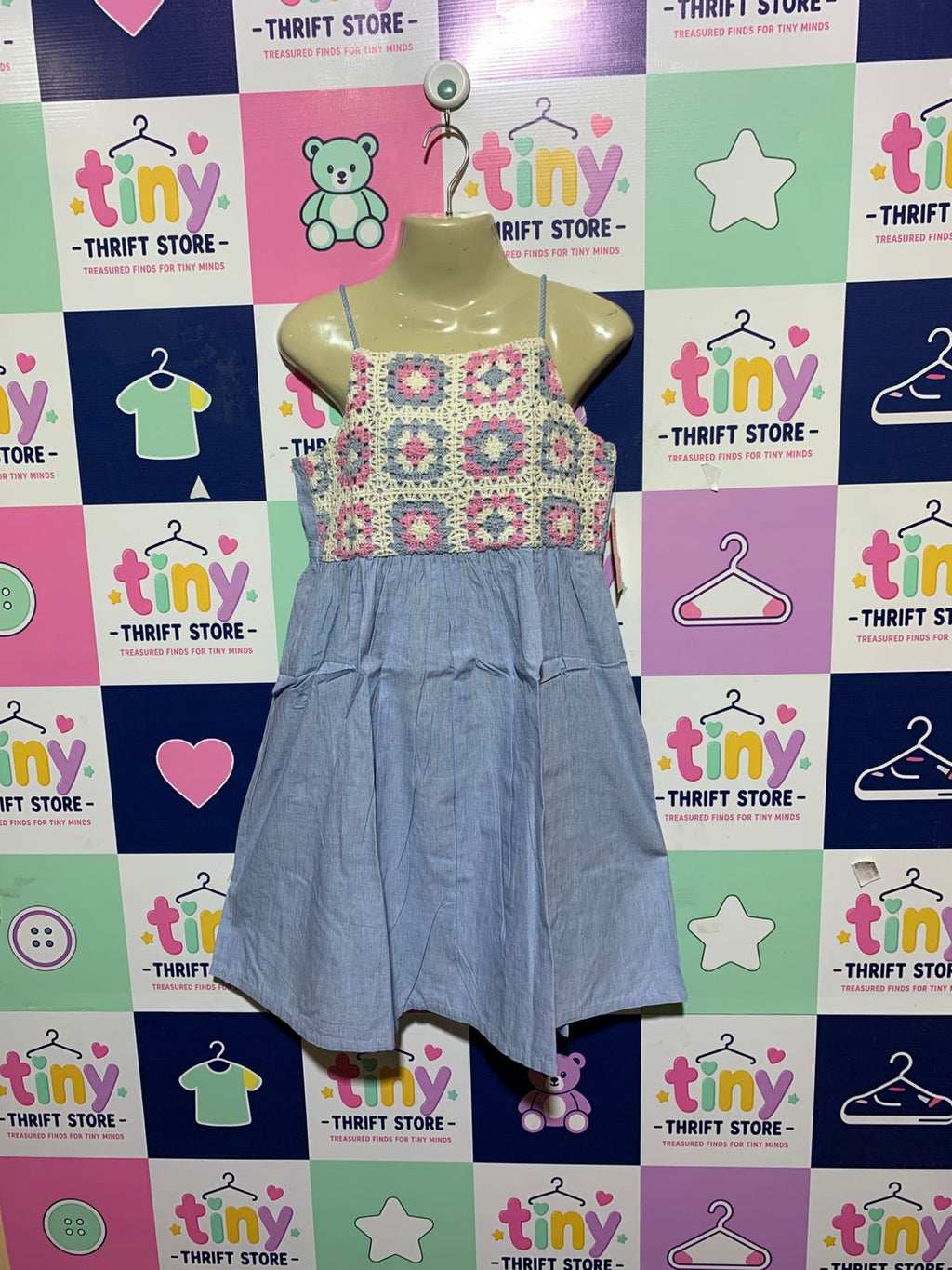 Victory Heart Girls Chambray Blue Crochet Bodice Cami Sundress - Size M / 12 Estimated Age 11-12 Years AB1