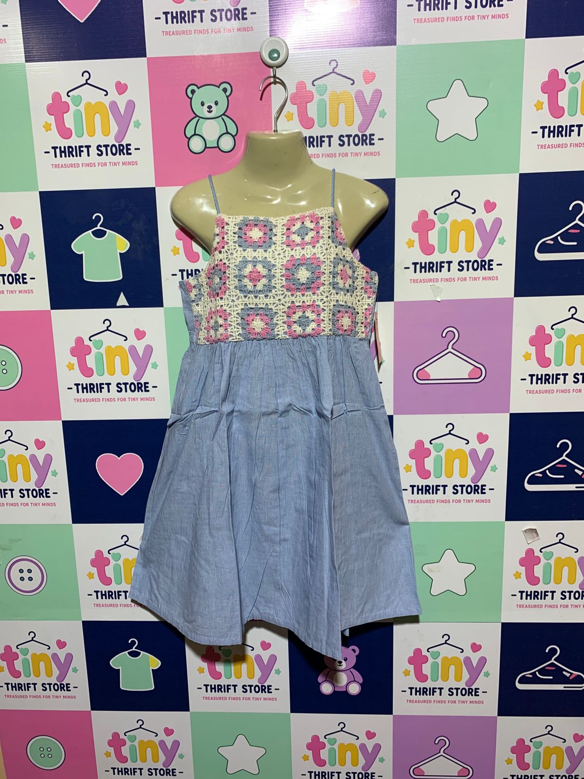 Victory Heart Girls Chambray Blue Crochet Bodice Cami Sundress - Size M / 12 Estimated Age 11-12 Years AB1