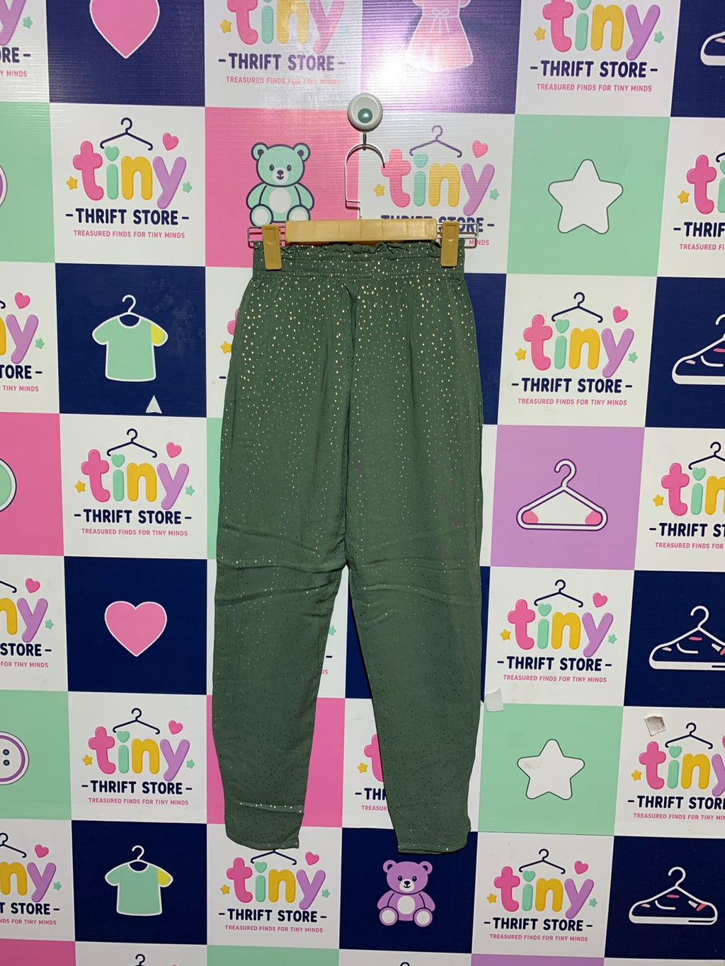 H&M Girls Sage Green Gold Foil Polka Dot Jogger Pants - Size 10-11Y AB1
