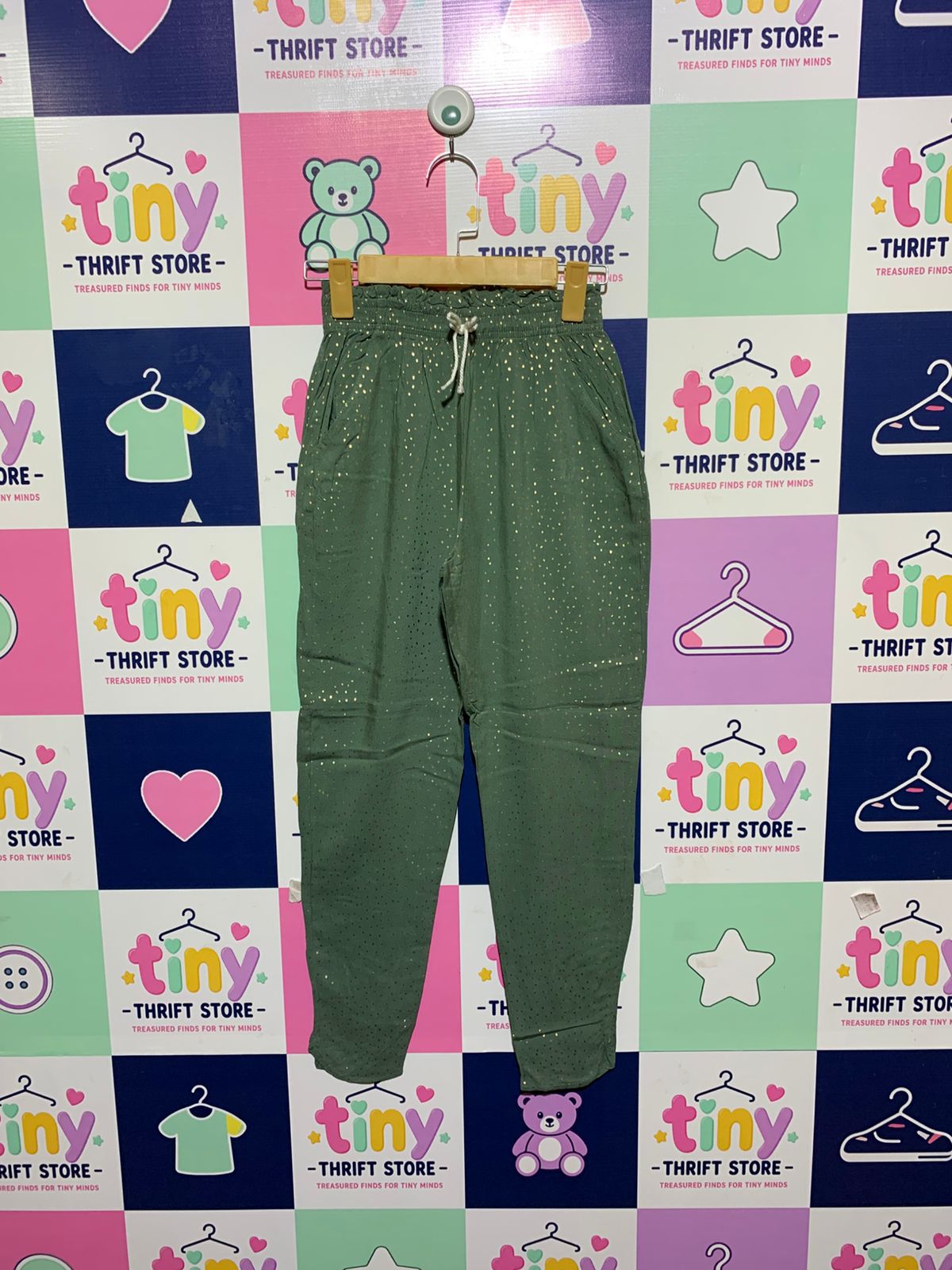 H&M Girls Sage Green Gold Foil Polka Dot Jogger Pants - Size 10-11Y AB1