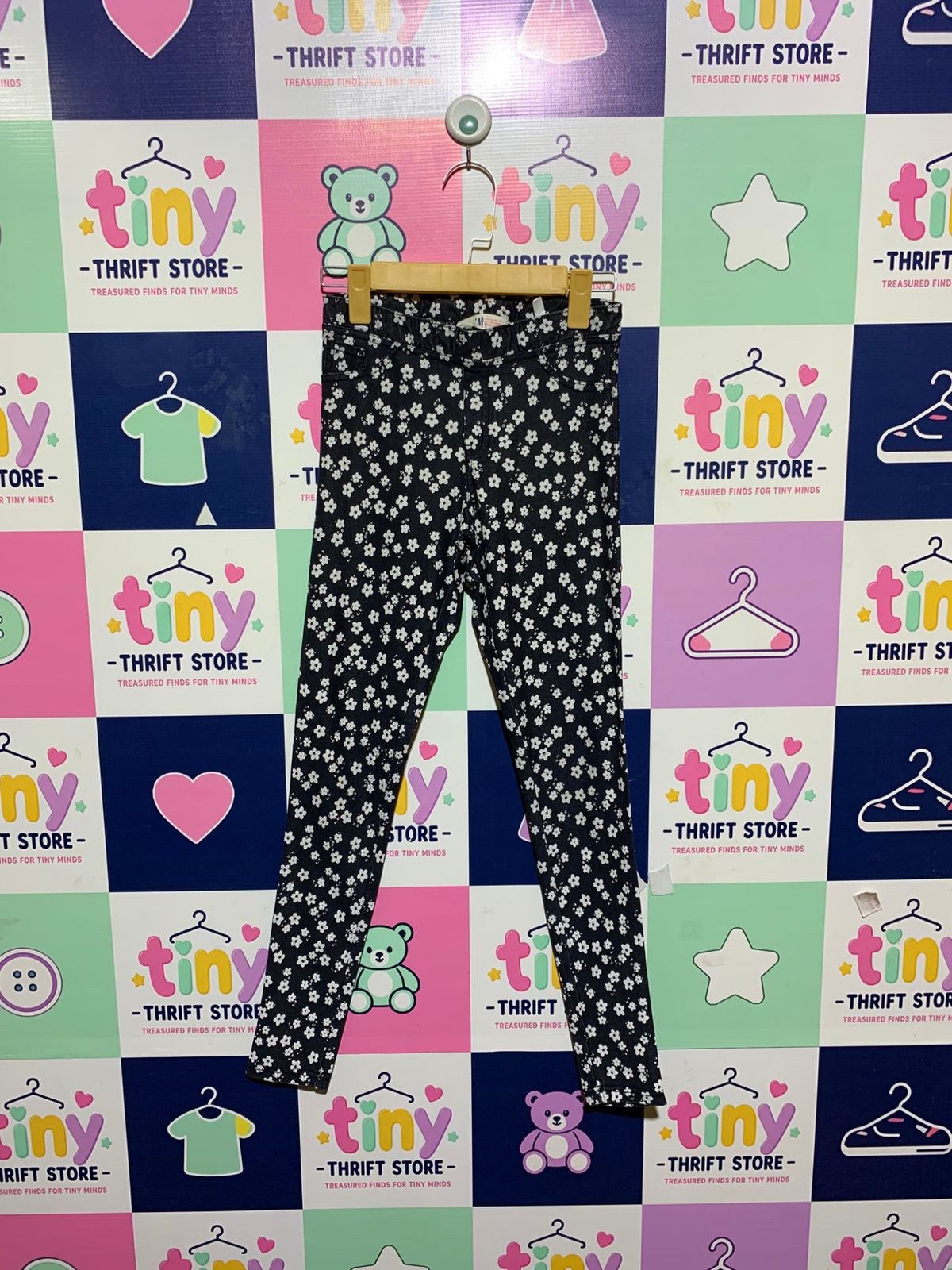 H&M Girls Black and White Daisy Print Denim Jeggings - Size 11-12Y Estimated Age 11-12 Years AB1