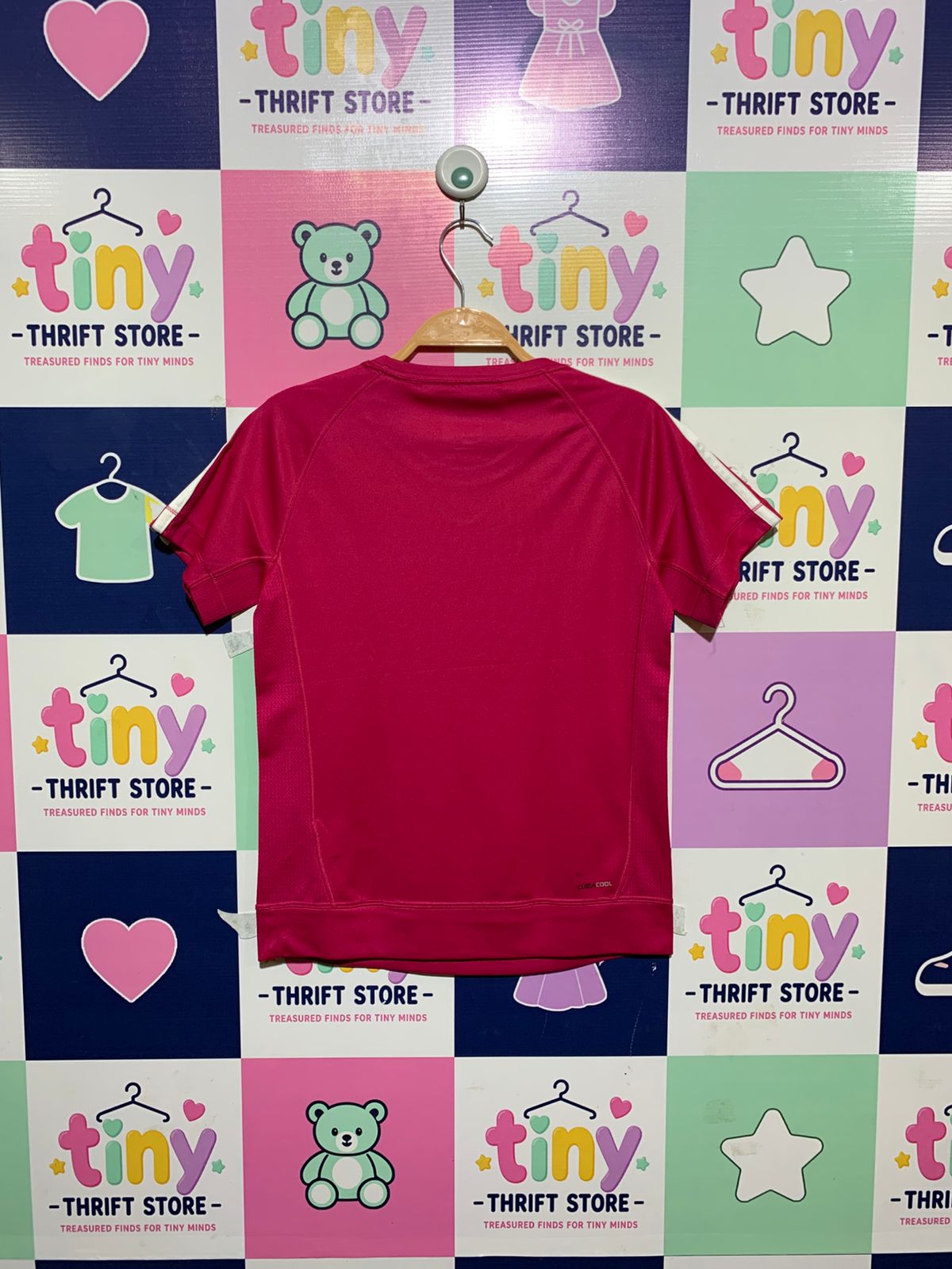 Adidas Girls Shocking Pink Climacool 3-Stripe Athletic Tee - Size L (13-14Y) Estimated Age 13-14 Years AB1