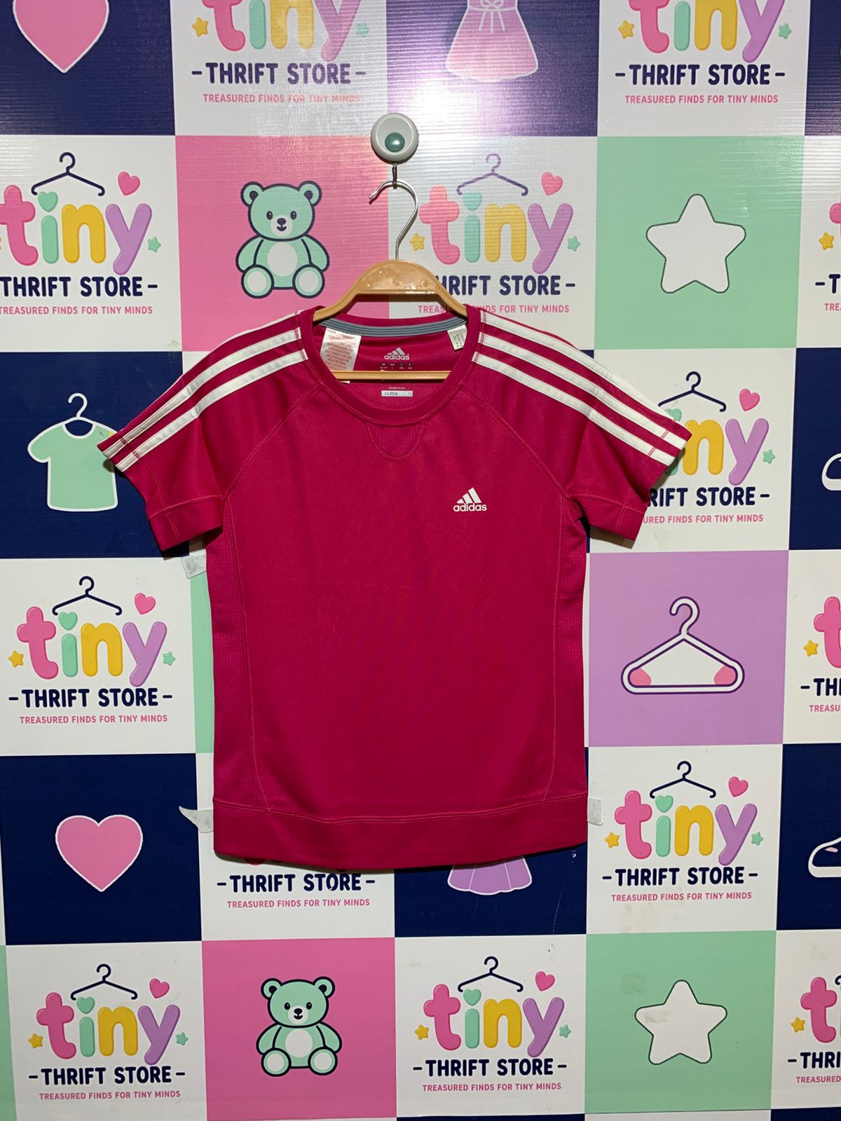 Adidas Girls Shocking Pink Climacool 3-Stripe Athletic Tee - Size L (13-14Y) Estimated Age 13-14 Years AB1