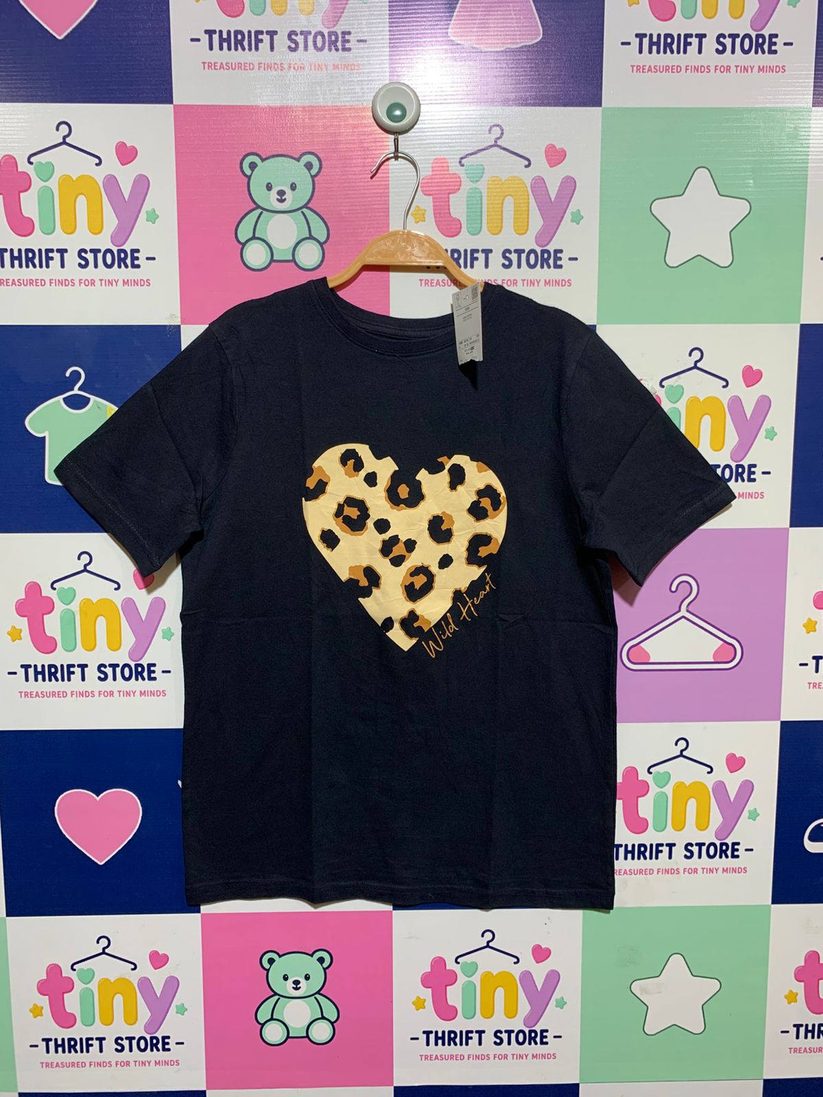 Primark Cares Girls Navy Blue "Wild Heart" Leopard Print Heart Tee - Size Estimated Age 12-13 Years AB1