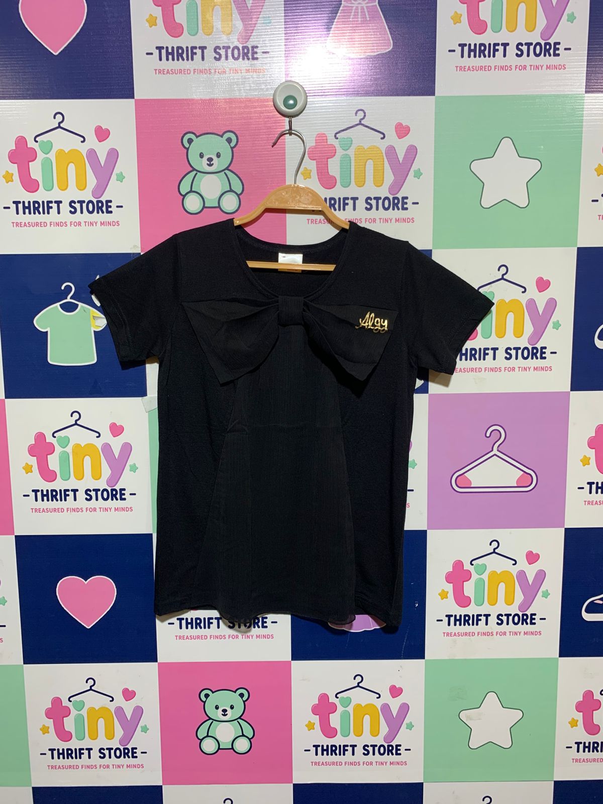 ALGY Girls Jet Black Big Front Bow Statement Tee - Size 150 CM Estimated Age 10-12 Years AB1