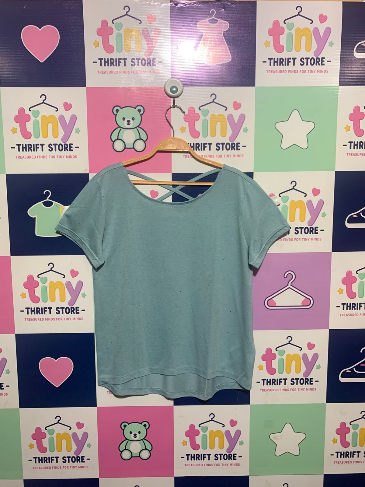H&M Girls Mint Blue Criss-Cross Strappy Back Glitter Speckled Tee - Size 170 CM Estimated Age 14+ Years AB1