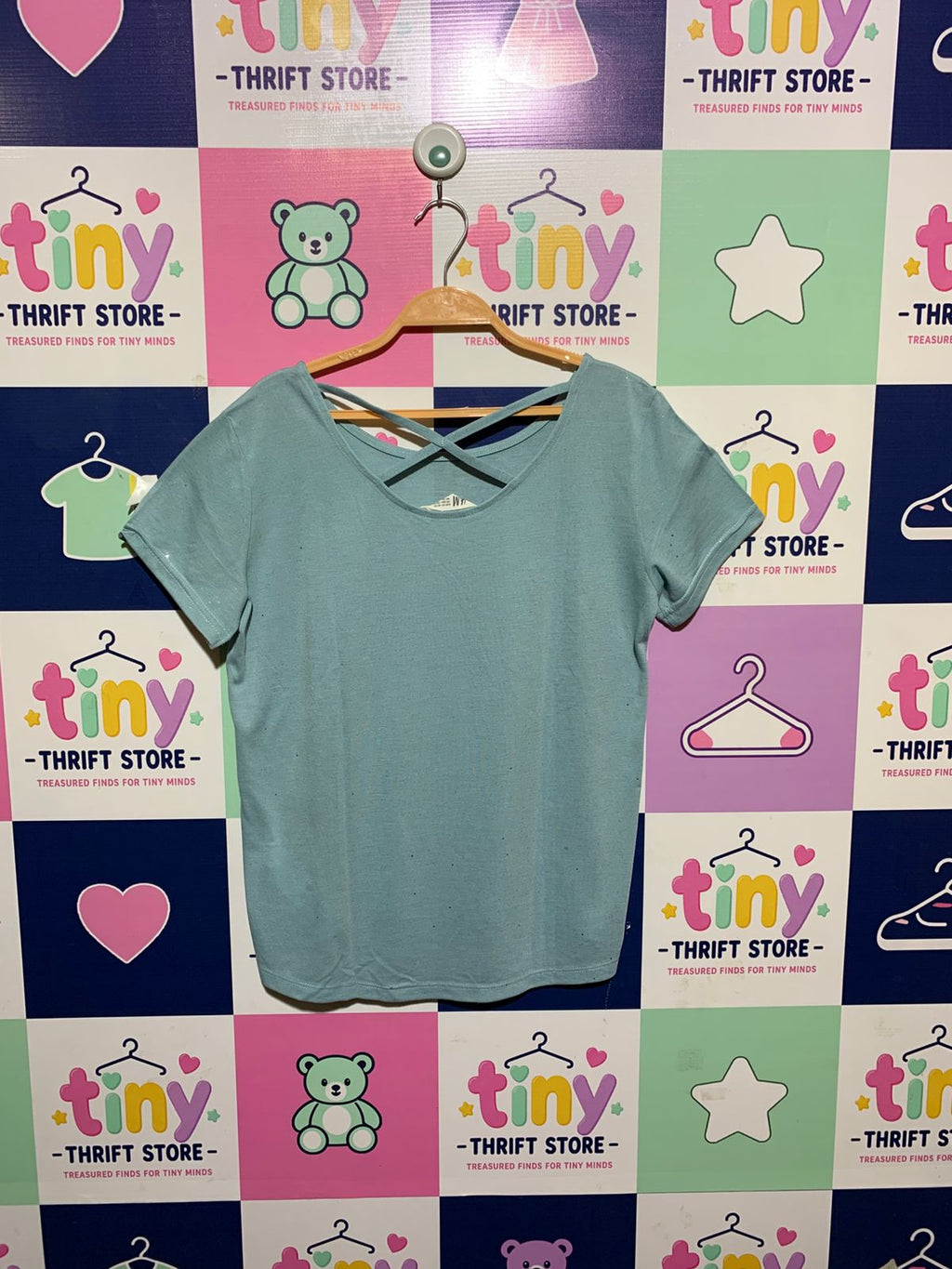 H&M Girls Mint Blue Criss-Cross Strappy Back Glitter Speckled Tee - Size 170 CM Estimated Age 14+ Years AB1