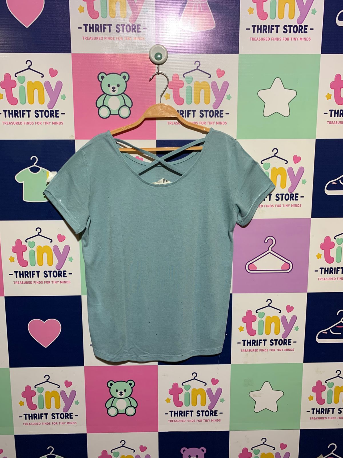 H&M Girls Mint Blue Criss-Cross Strappy Back Glitter Speckled Tee - Size 170 CM Estimated Age 14+ Years AB1