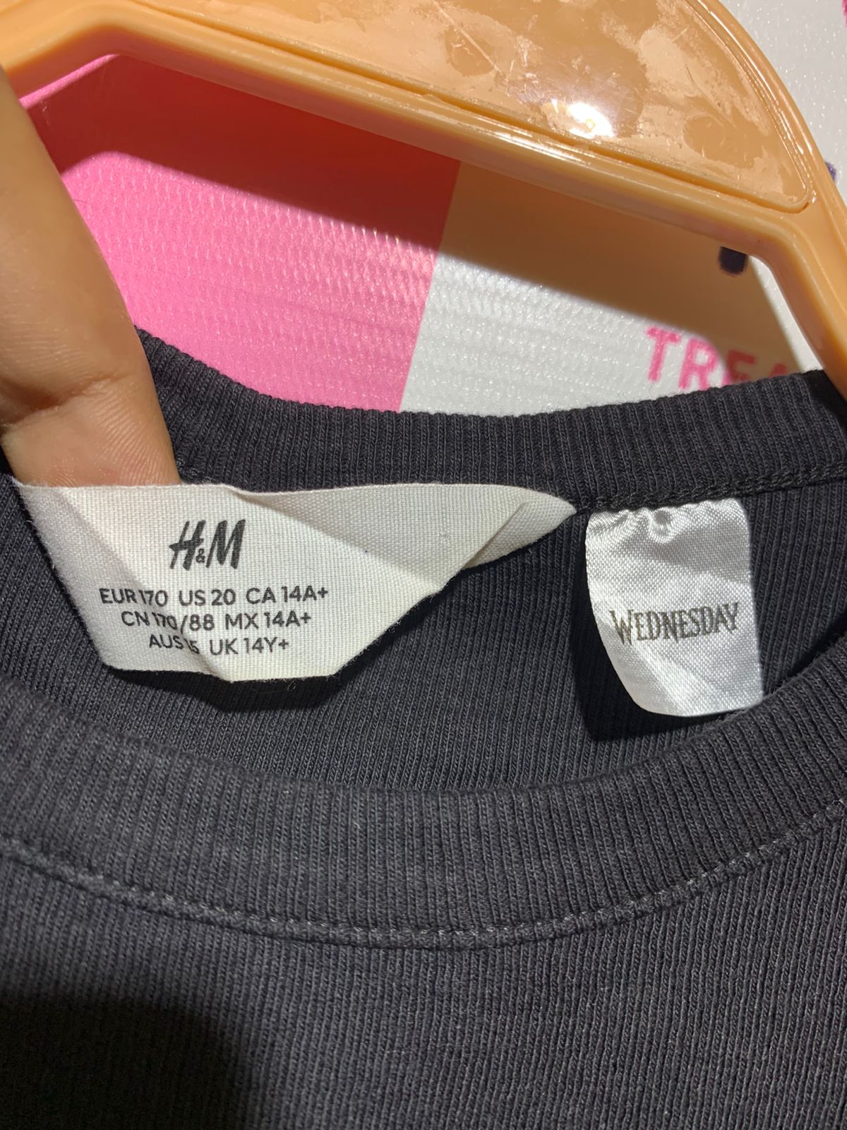 H&M Girls Charcoal Black "Wednesday" Nevermore Academy Ribbed Crop Tee - Size 170 CM Estimated Age 14+ Years AB1