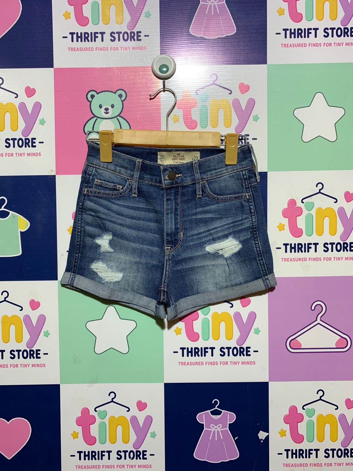 Hollister Girls High-Rise Distressed Denim Short-Short - Size 00 (W23) Estimated Age 12-14 Years AB1