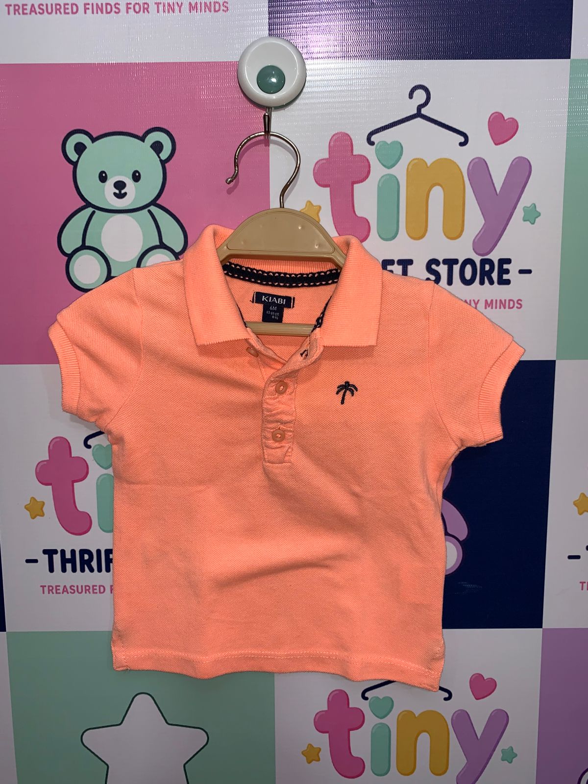 Kiabi Baby Boys Peach Pique Polo Shirt with Palm Tree Embroidery - Size 6M (63-69cm) AB1