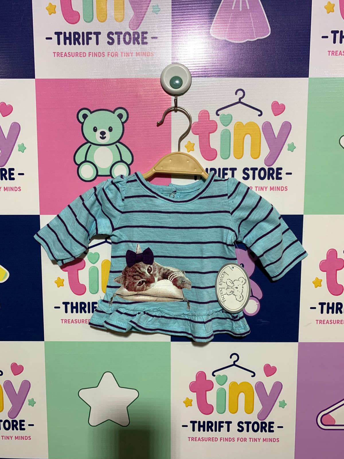 Koala Baby Newborn Striped Ruffle Hem Top with Kitten Graphic - Turquoise AB1