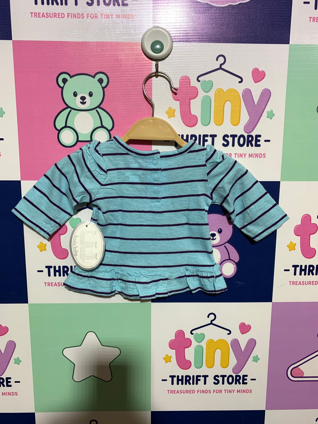 Koala Baby Newborn Striped Ruffle Hem Top with Kitten Graphic - Turquoise AB1