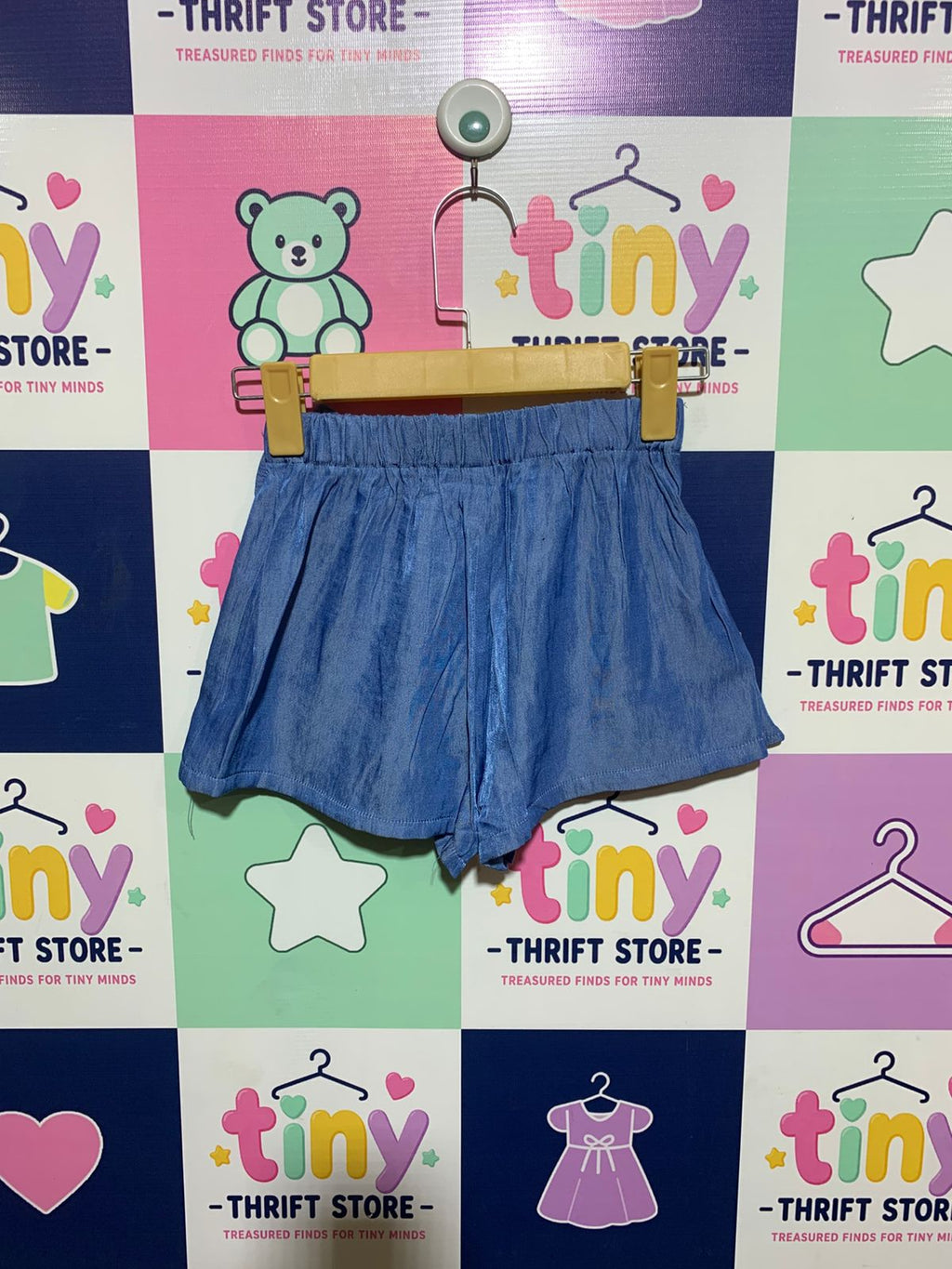 SHEIN Girls Medium Wash Chambray Ruffle Trim Shorts with Side Bow - Size Estimated Age 9 Years AB1